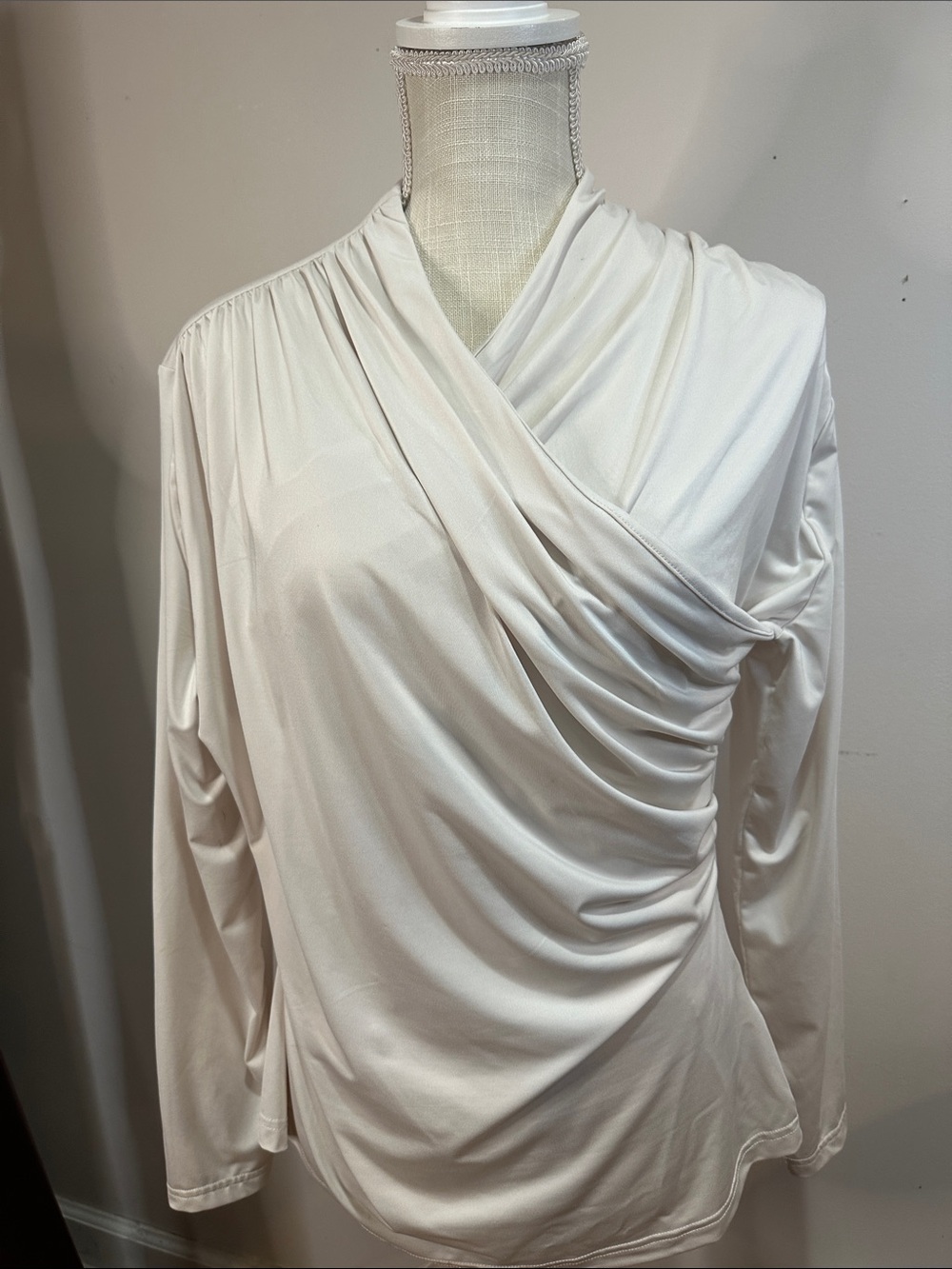 H&M Cream Long-Sleeve Draped Wrap Blouse